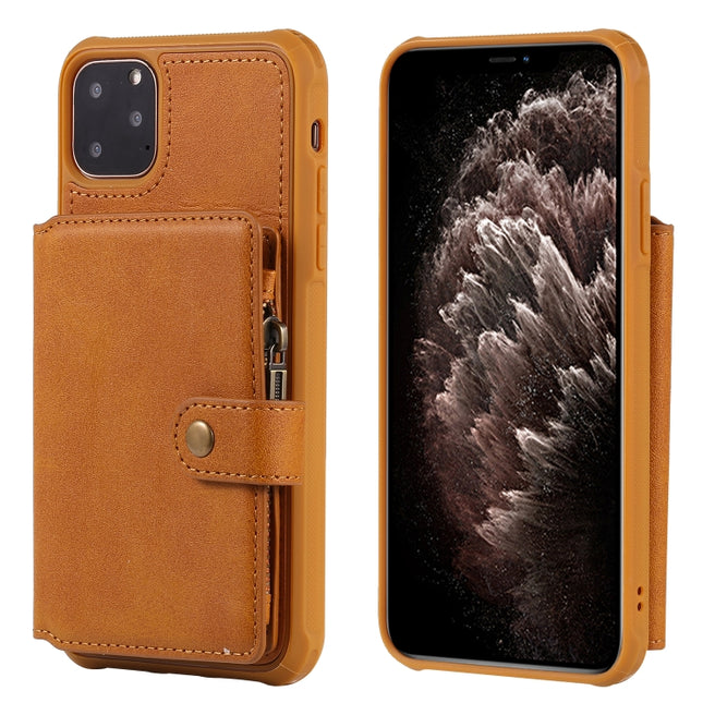 For iPhone 11 Pro Max Zipper Shockproof Protective Case with Card Slots & Bracket & Photo Holder & Wallet Function(Brown)-garmade.com