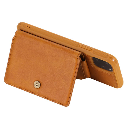 For iPhone 11 Pro Max Zipper Shockproof Protective Case with Card Slots & Bracket & Photo Holder & Wallet Function(Brown)-garmade.com