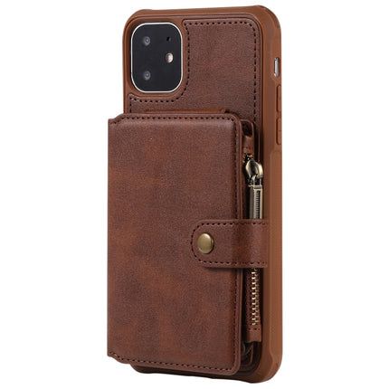 For iPhone 11 Zipper Shockproof Protective Case with Card Slots & Bracket & Photo Holder & Wallet Function(Coffee)-garmade.com