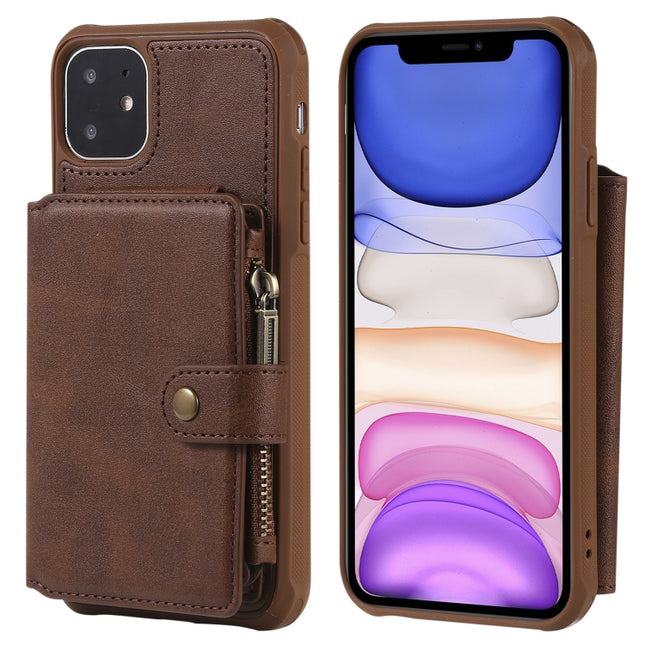 For iPhone 11 Pro Zipper Shockproof Protective Case with Card Slots & Bracket & Photo Holder & Wallet Function(Coffee)-garmade.com