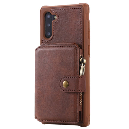 For Galaxy Note 10 Zipper Shockproof Protective Case with Card Slots & Bracket & Photo Holder & Wallet Function(Coffee)-garmade.com