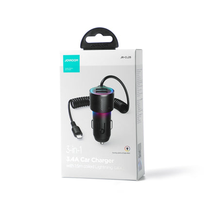 JOYROOM JR-CL25 3.4A 3-in-1 Car Charger with Coiled 8 Pin Cable(Black)-garmade.com