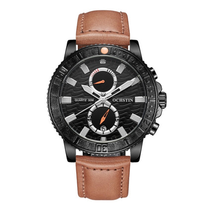 Ochstin 6045A Multifunctional Quartz Luminous Genuine Leather Men Watch(Black+Brown)-garmade.com