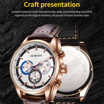 Ochstin 6046A Business Style Quartz Men Leather Watch(Rose Gold+Coffee)-garmade.com