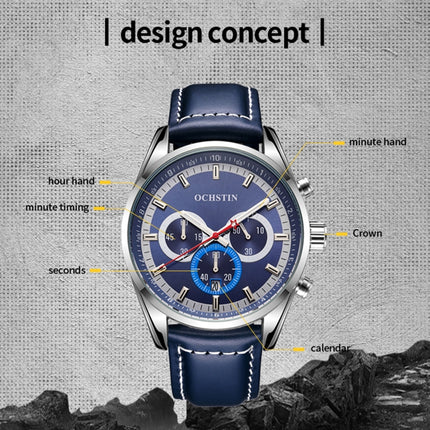 Ochstin 6046A Business Style Quartz Men Leather Watch(Silver+Blue)-garmade.com