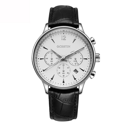 Ochstin 6050A Multifunctional Quartz Men Leather Watch(Silver+Black)-garmade.com