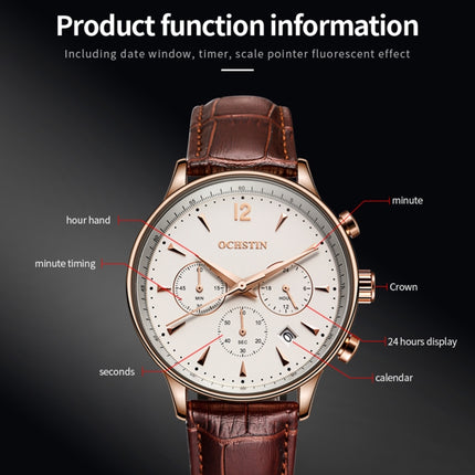 Ochstin 6050A Multifunctional Quartz Men Leather Watch(Rose Gold+Coffee)-garmade.com