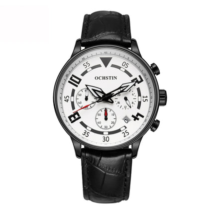 Ochstin 6050B Multifunctional Quartz Men Leather Watch(Black+White+Black)-garmade.com