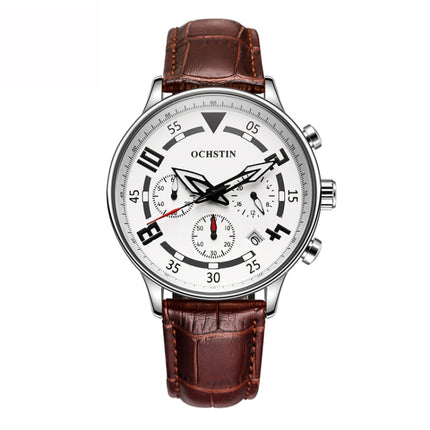 Ochstin 6050B Multifunctional Quartz Men Leather Watch(Silver+Coffee)-garmade.com
