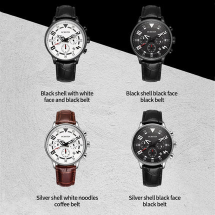 Ochstin 6050B Multifunctional Quartz Men Leather Watch(Black+Black+Black)-garmade.com