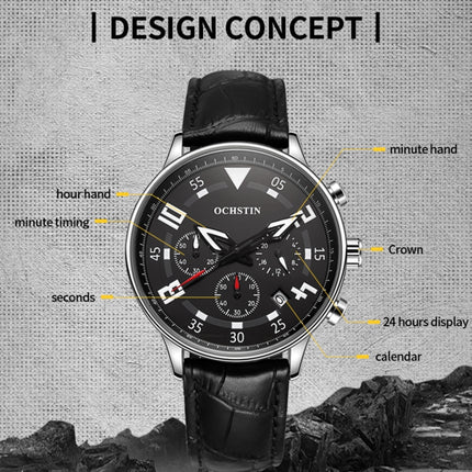 Ochstin 6050B Multifunctional Quartz Men Leather Watch(Black+White+Black)-garmade.com