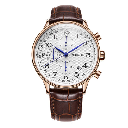 Ochstin 6050C Multifunctional Quartz Men Leather Watch(Rose Gold+Coffee)-garmade.com