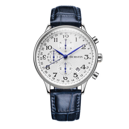 Ochstin 6050C Multifunctional Quartz Men Leather Watch(Silver+Blue)-garmade.com