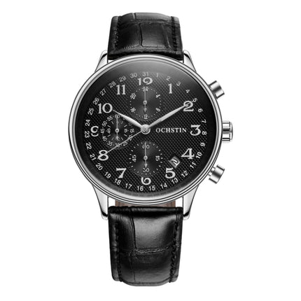 Ochstin 6050C Multifunctional Quartz Men Leather Watch(Silver+Black)-garmade.com