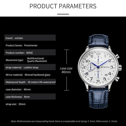Ochstin 6050C Multifunctional Quartz Men Leather Watch(Silver+Blue)-garmade.com