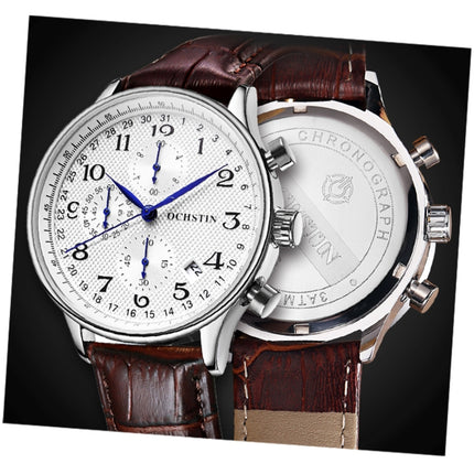 Ochstin 6050C Multifunctional Quartz Men Leather Watch(Silver+Black)-garmade.com