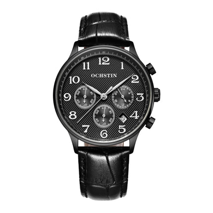 Ochstin 6050E Multifunctional Quartz Men Leather Watch(Black+Black)-garmade.com