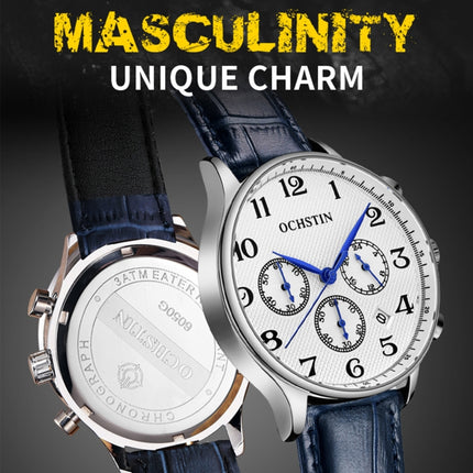 Ochstin 6050E Multifunctional Quartz Men Leather Watch(Black+Black)-garmade.com