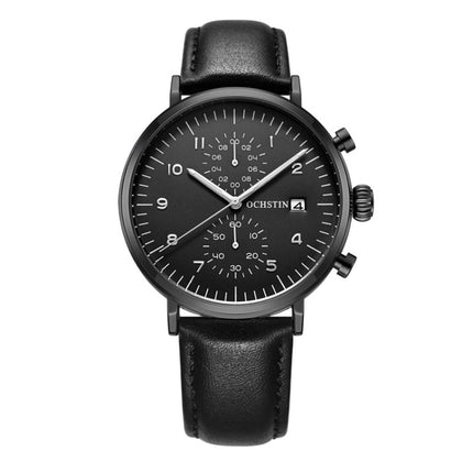OCHSTIN 6076C Multifunctional Quartz Waterproof Men Leather Watch(Black+Black)-garmade.com