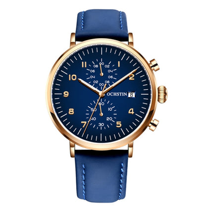 OCHSTIN 6076C Multifunctional Quartz Waterproof Men Leather Watch(Rose Gold+Blue)-garmade.com
