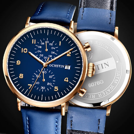 OCHSTIN 6076C Multifunctional Quartz Waterproof Men Leather Watch(Rose Gold+Blue)-garmade.com