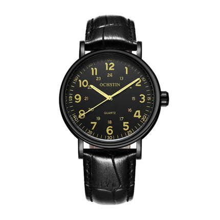 OCHSTIN 6081C Fashion Hollow Men Leather Quartz Watch(Black+Black)-garmade.com