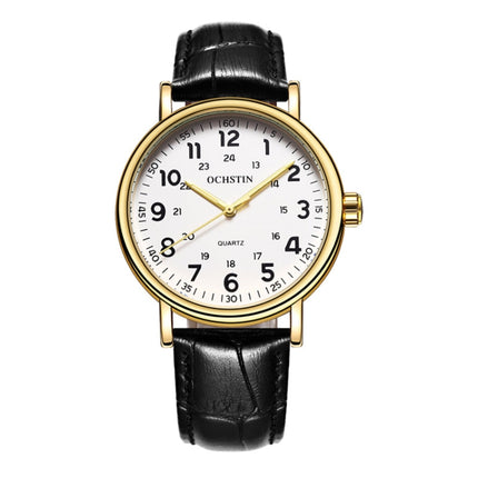 OCHSTIN 6081C Fashion Hollow Men Leather Quartz Watch(Gold+White+Black)-garmade.com