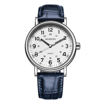 OCHSTIN 6081C Fashion Hollow Men Leather Quartz Watch(Silver+Blue)-garmade.com