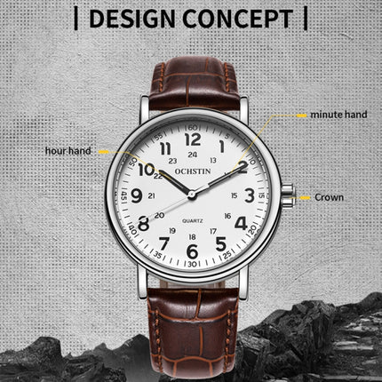 OCHSTIN 6081C Fashion Hollow Men Leather Quartz Watch(Silver+Coffee)-garmade.com