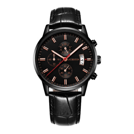 OCHSTIN 6084C Multifunctional Quartz Waterproof Luminous Men Leather Watch(Black)-garmade.com