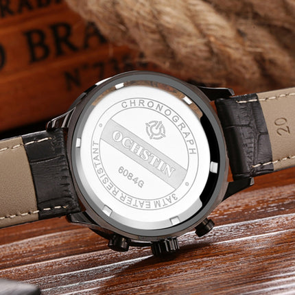 OCHSTIN 6084C Multifunctional Quartz Waterproof Luminous Men Leather Watch(Silver+Black)-garmade.com