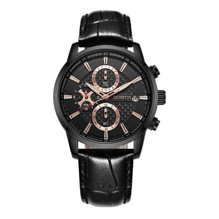 OCHSTIN 6085B Multifunctional Quartz Waterproof Men Leather Watch(Black)-garmade.com