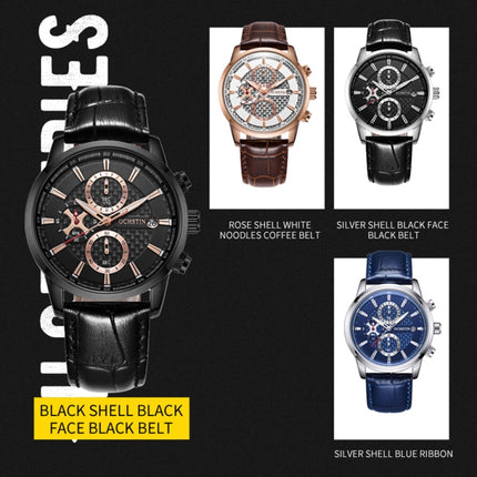 OCHSTIN 6085B Multifunctional Quartz Waterproof Men Leather Watch(Silver+Black)-garmade.com