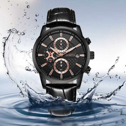 OCHSTIN 6085B Multifunctional Quartz Waterproof Men Leather Watch(Silver+Blue)-garmade.com
