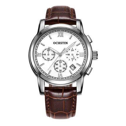 OCHSTIN 6097B Multifunctional Quartz Waterproof Luminous Men Leather Watch(Silver+Coffee)-garmade.com