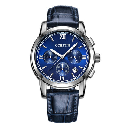 OCHSTIN 6097B Multifunctional Quartz Waterproof Luminous Men Leather Watch(Silver+Blue)-garmade.com