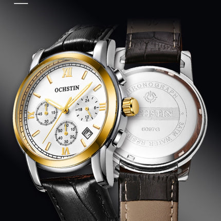 OCHSTIN 6097B Multifunctional Quartz Waterproof Luminous Men Leather Watch(Gold+White+Black)-garmade.com