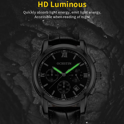 OCHSTIN 6097B Multifunctional Quartz Waterproof Luminous Men Leather Watch(Silver+Blue)-garmade.com