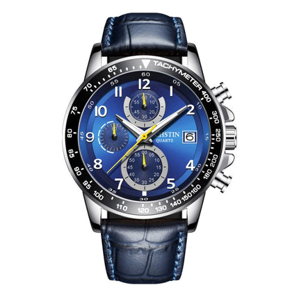 OCHSTIN 6112B Multifunctional Quartz Waterproof Luminous Men Leather Watch(Silver+Blue)-garmade.com