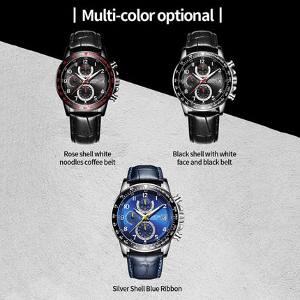 OCHSTIN 6112B Multifunctional Quartz Waterproof Luminous Men Leather Watch(Silver+Blue)-garmade.com