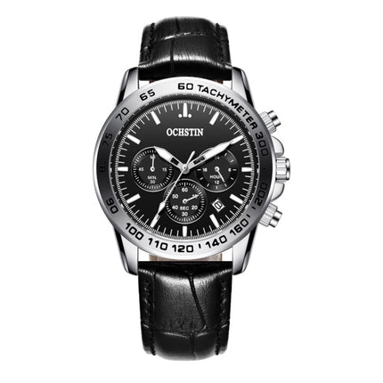 OCHSTIN 6117C Multifunctional Quartz Waterproof Men Leather Watch(Silver+Black)-garmade.com