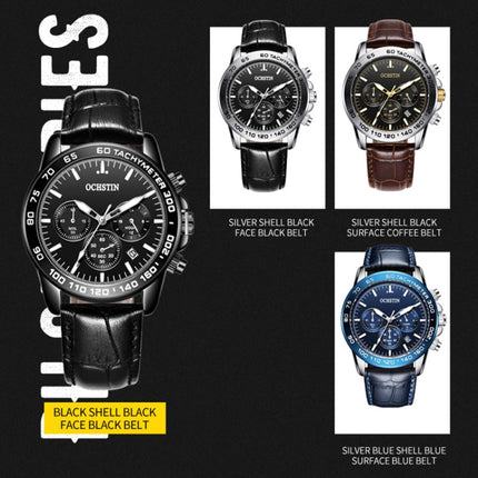 OCHSTIN 6117C Multifunctional Quartz Waterproof Men Leather Watch(Silver+Black)-garmade.com