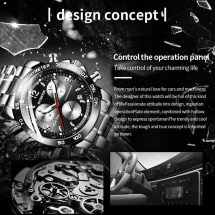 OCHSTIN 6123B Multifunctional Quartz Waterproof Luminous Steel Strap Men Watch(Black 01)-garmade.com