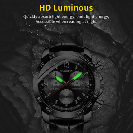OCHSTIN 6123C Multifunctional Quartz Waterproof Luminous Men Leather Watch(Silver Blue)-garmade.com