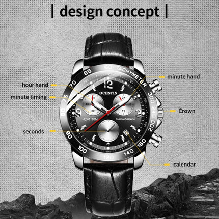 OCHSTIN 6123C Multifunctional Quartz Waterproof Luminous Men Leather Watch(Silver Black 01)-garmade.com