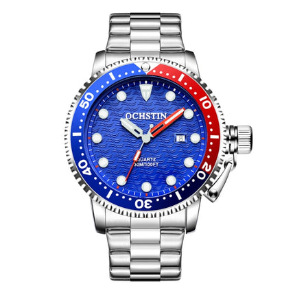 OCHSTIN 7003A Multifunctional Quartz Waterproof Luminous Steel Strap Men Watch(Silver+Blue)-garmade.com