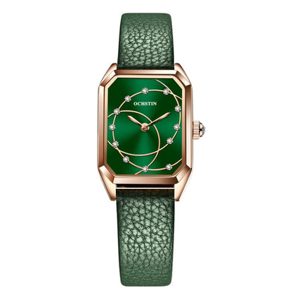 OCHSTIN 7008C Parangon Series Fashion Casual Leather Strap Quartz Watch(Rose Gold+Green)-garmade.com