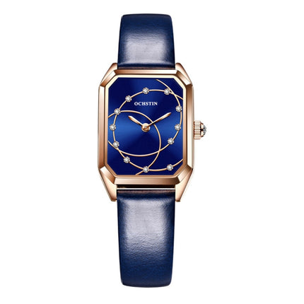 OCHSTIN 7008C Parangon Series Fashion Casual Leather Strap Quartz Watch(Rose Gold+Blue)-garmade.com