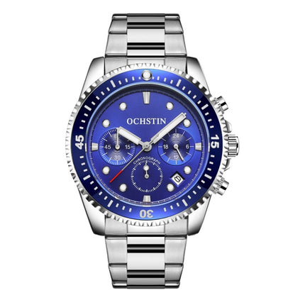 OCHSTIN 7019C Multifunctional Quartz Waterproof Luminous Steel Strap Men Watch(Blue+Silver)-garmade.com