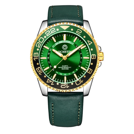 OCHSTIN 7019G Multifunctional Quartz Waterproof Luminous Men Leather Watch(Green)-garmade.com